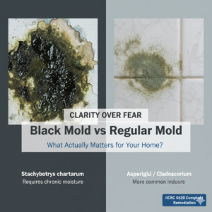 Black mold vs regular mold comparison showing Stachybotrys chartarum and common indoor mold species