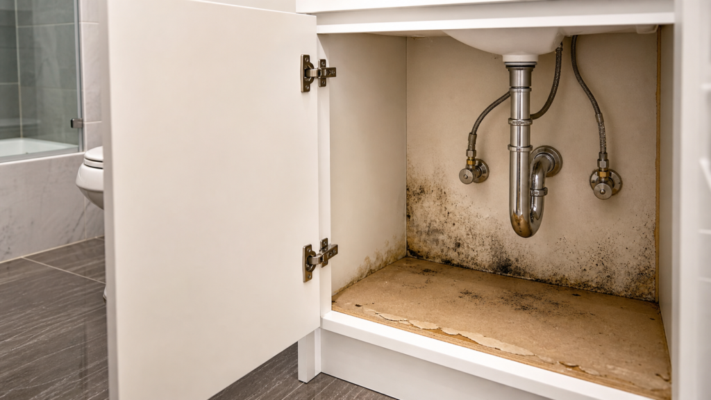 Mold under bathroom vanity around sink pipes and water-damaged cabinet base