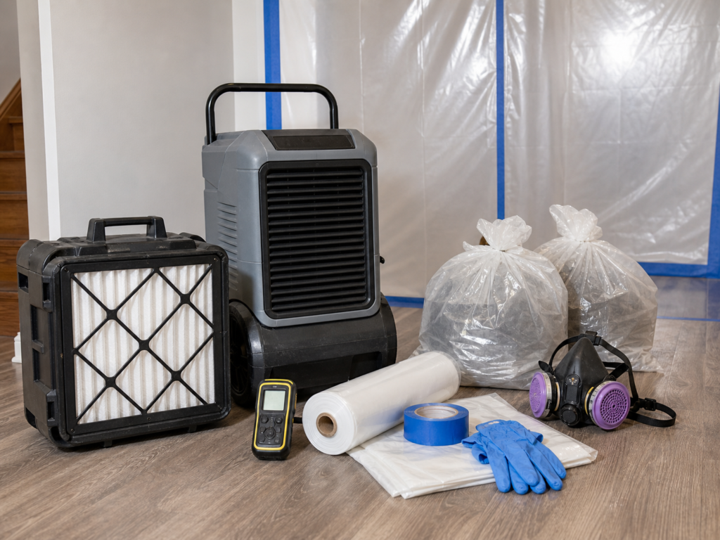 HEPA air scrubber dehumidifier and mold remediation equipment in a home